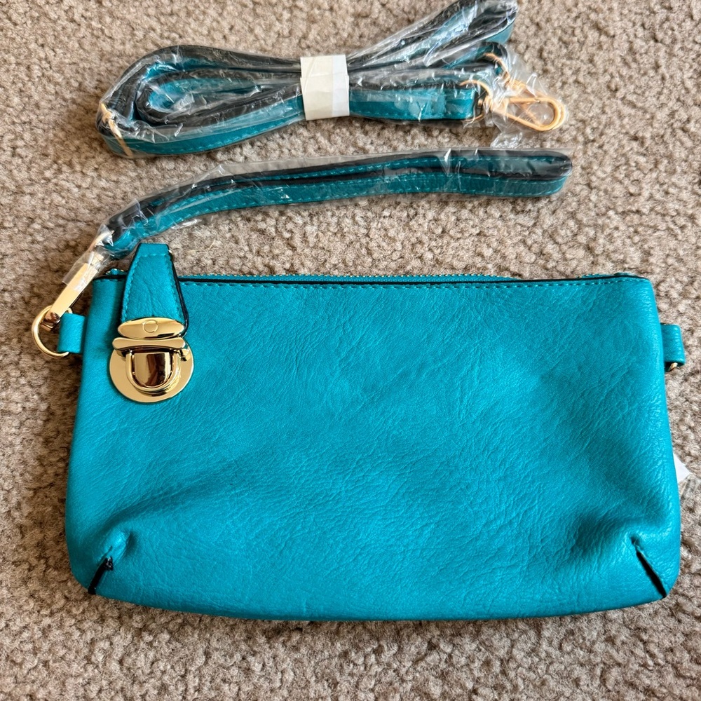 Turquoise Faux Leather Zip Top Wristlet Crossbody